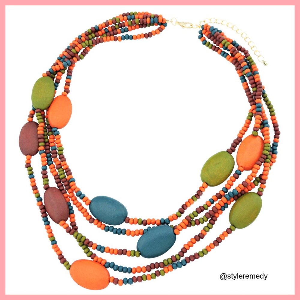 Wood Beads Statement Necklace Chunky Collar 5 Layers